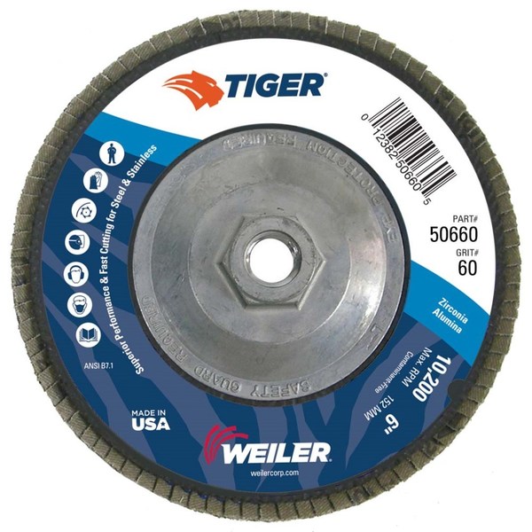 Weiler 6" Tiger Disc Abrasive Flap Disc, Conical (TY29), 60Z, 5/8"-11 UNC 50660